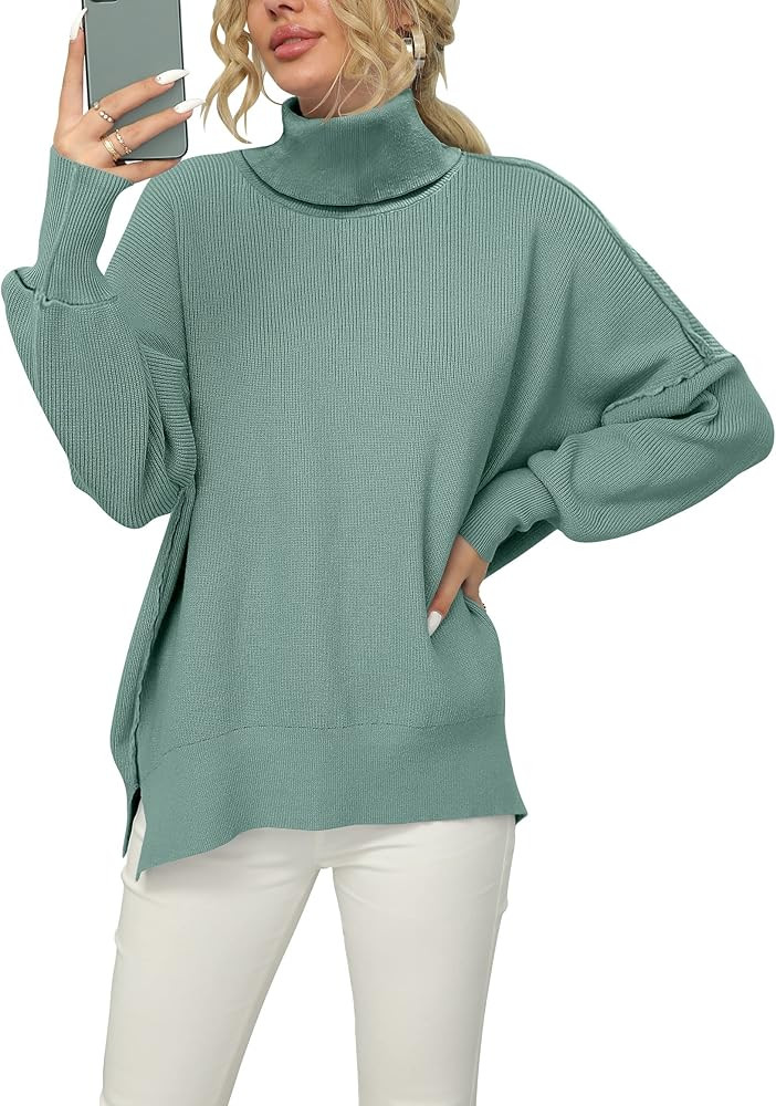 ANRABESS Women Turtleneck Batwing Sleeve Oversized Side Slit Ribbed Knit Pullover Sweater Top | Amazon (US)
