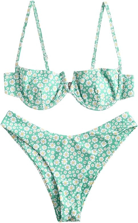 ZAFUL Women's Underwire Bikini Floral High Cut Bikini Set V-Wired Two Piece Swimsuit Bathing Suit | Amazon (US)