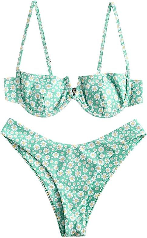 ZAFUL Women's Underwire Bikini Floral High Leg Bikini Set V-Wired Two Piece Swimsuit Bathing Suit | Amazon (US)