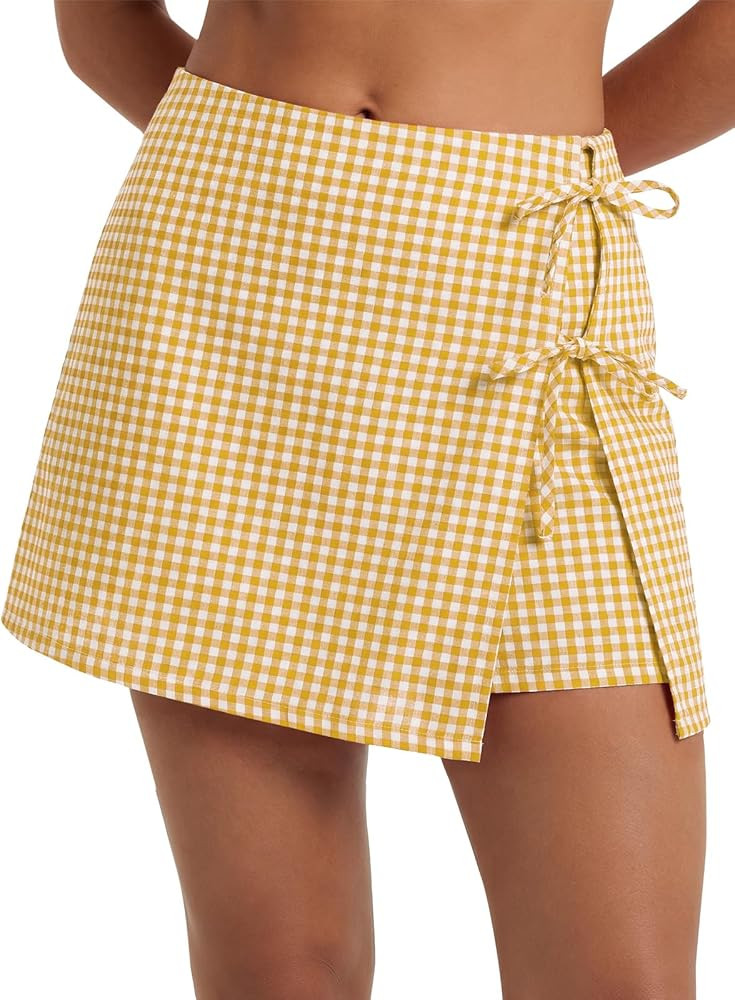 EXLURA Womens High Waisted Gingham Skort A-Line Wrap Mini Skirt with Shorts Side Tie Cotton Plaid... | Amazon (US)