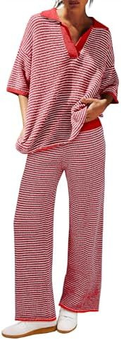 Tankaneo Womens Sweater Set Striped 2 Piece Outfits Oversized 3/4 Sleeve V Neck Knit Tops Wide Le... | Amazon (US)