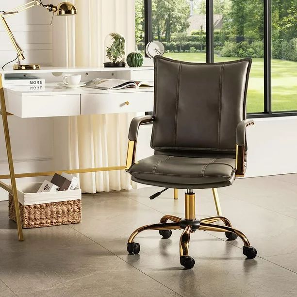 Home Office Desk Chair,Faux Leather Adjustable Swivel Computer Chair with Golden Legs and Arms, C... | Walmart (US)