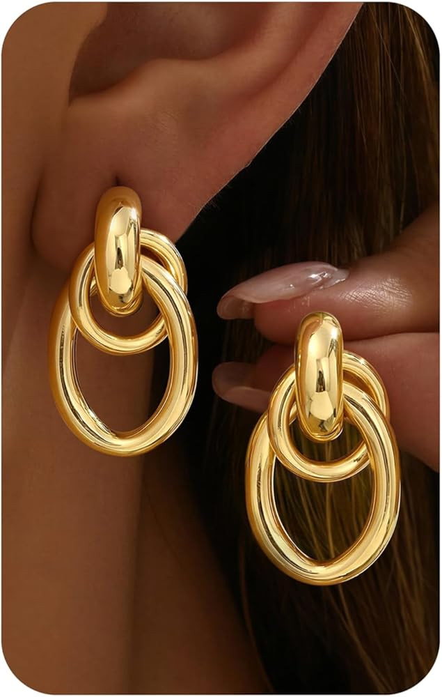 14K Gold Plated Chunky Statement Earrings for Women Hypoallergenic Knot Drop Dangle Earrings - Li... | Amazon (US)