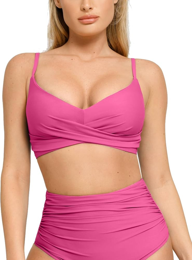 Popilush Bikini Top for Women - Twist Front V Neck Push Up Padded Swim Top with Adjustable Straps... | Amazon (US)