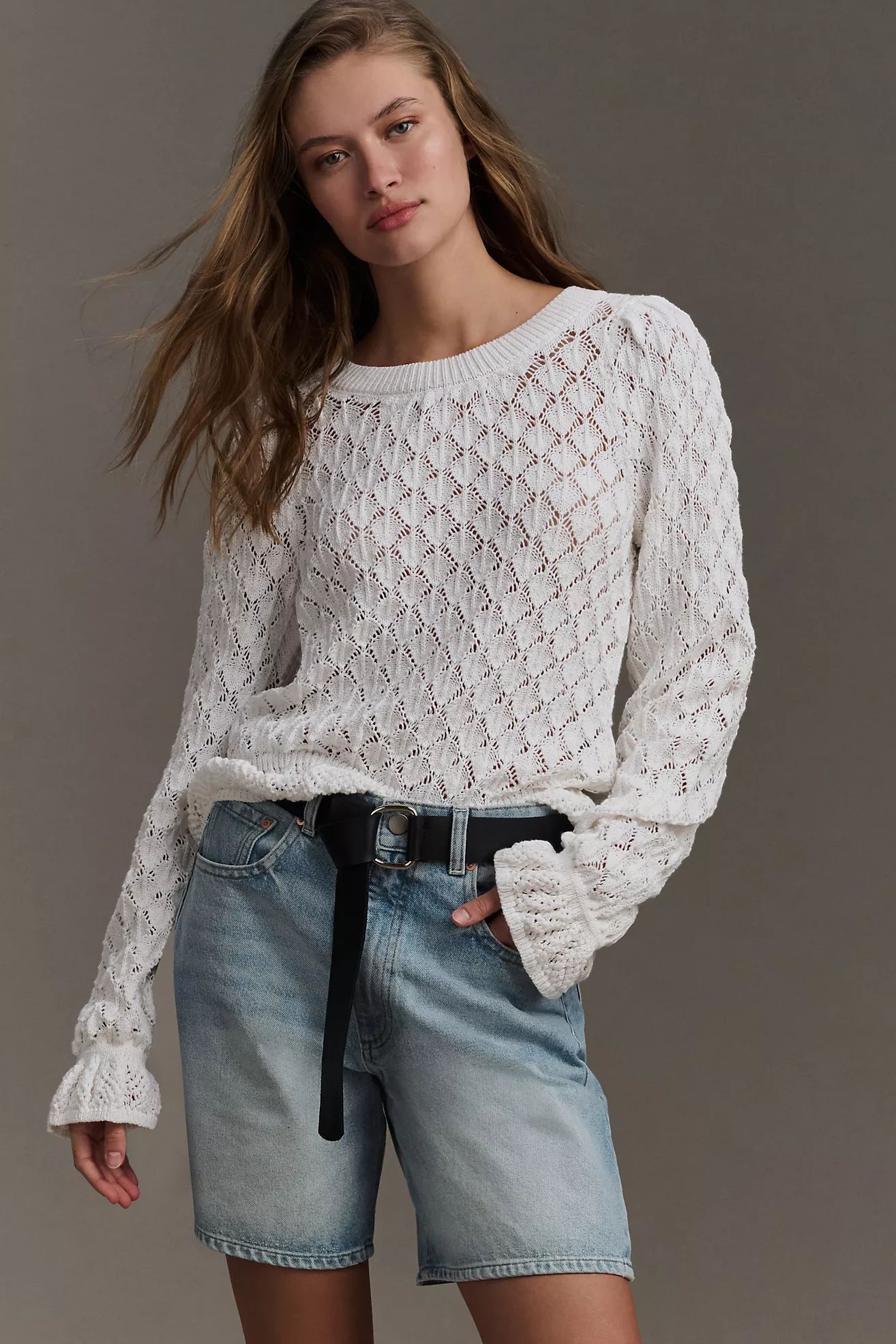 By Anthropologie Flounce-Hem Pointelle Sweater | Anthropologie (US)