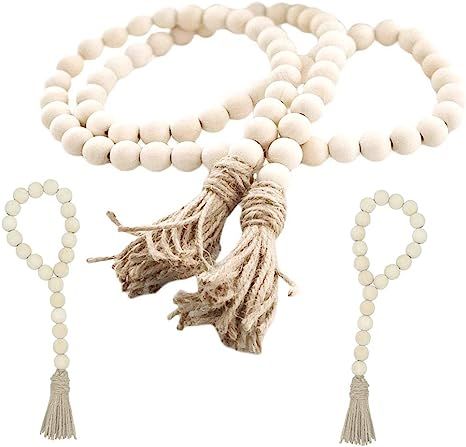 Wood Bead Garland Set,3 pcs Farmhouse Rustic Country Beads with Tassles Wall Hanging Décor | Amazon (US)