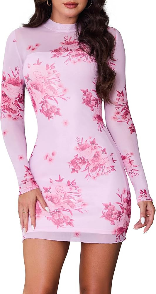 ABMOIU Sexy Print Long Sleeve Mini Dress for Women Bodycon Mock Neck 2 Piece Party Club Dresses | Amazon (US)