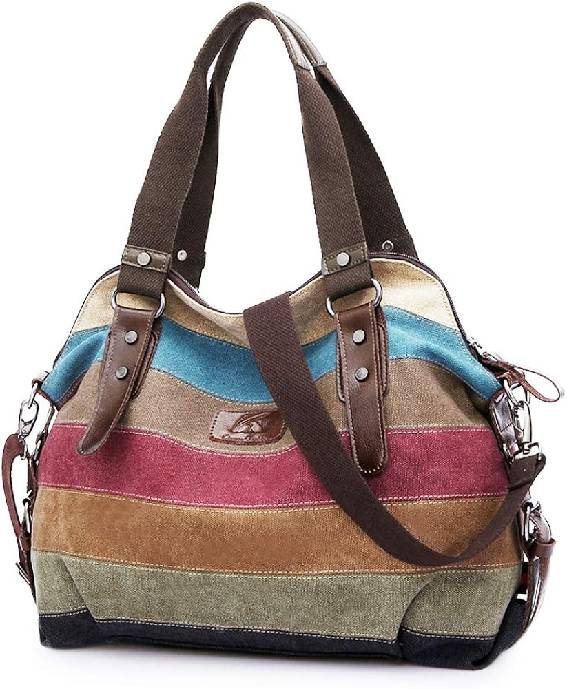 Canvas Handbag Multi-Color Striped Lattice Cross Body Shoulder Purse Bag Tote-Handbag for Women | Amazon (US)