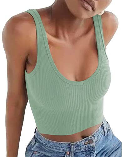 Artfish Women's Sleeveless Shirt Ribbed Fitted Scoop Neck Basic Crop Tank Top Cotton Light Green, XS | Amazon (US)
