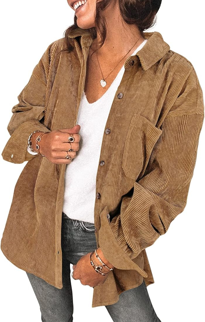 Amazon.com: Saslax Womens Corduroy Shirt Long Sleeve Oversized Button Up V Neck Blouses Tops Loos... | Amazon (US)