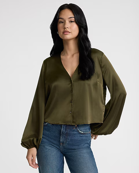 V-Neck Balloon Sleeve Button Up Shirt | Express