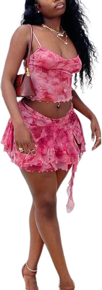 Ophestin Womens Sexy 2 Piece Club Outfits Set Floral Print Camisole Crop Top Mini Skirt with Slit | Amazon (US)