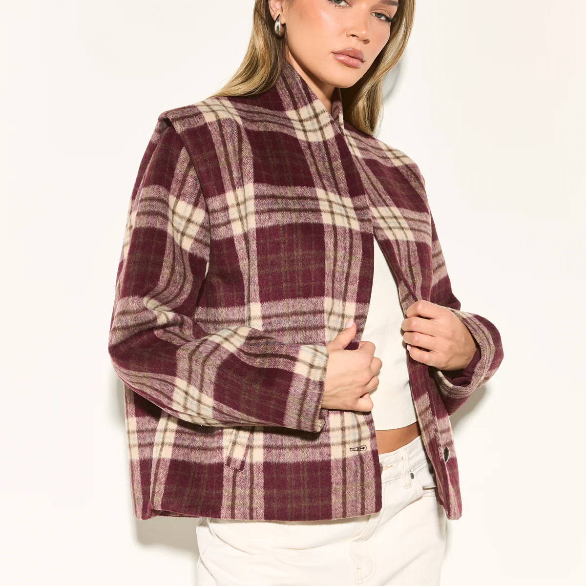 HAILEY Burgundy Check Wool Blend Jacket | Noughts and Kisses