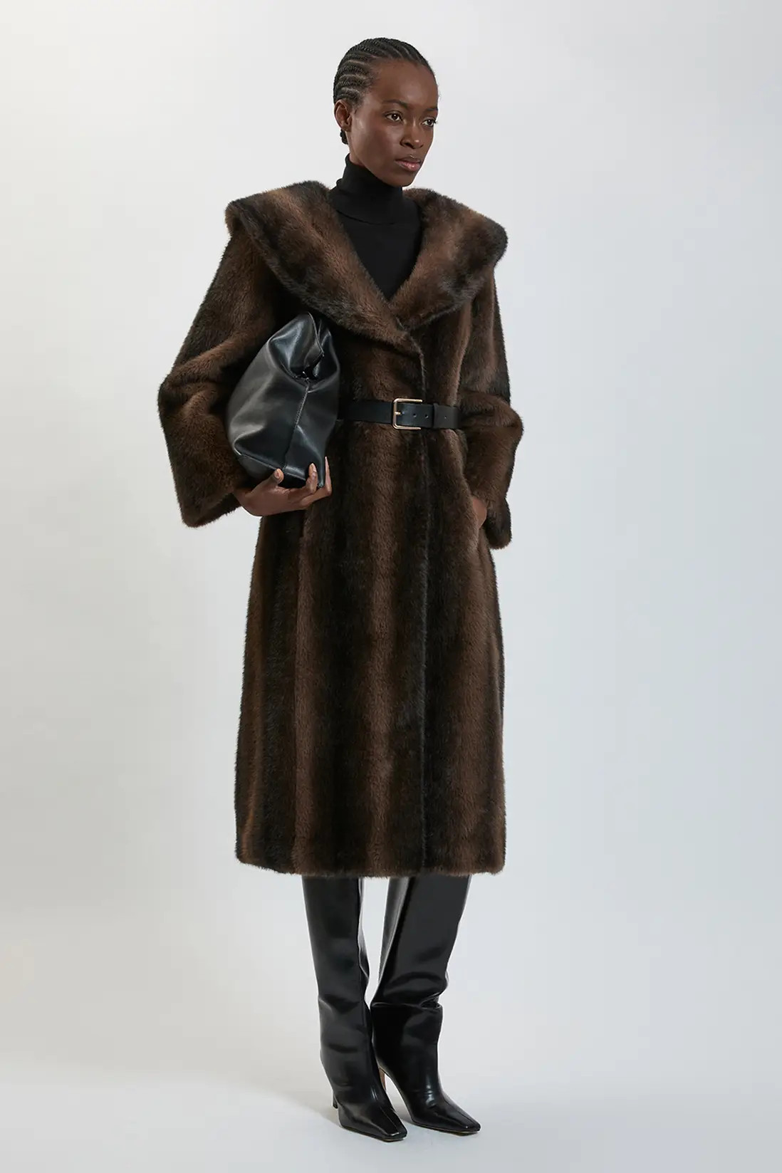 Faux Fur Oversize Collar Belted Midi Coat | Karen Millen