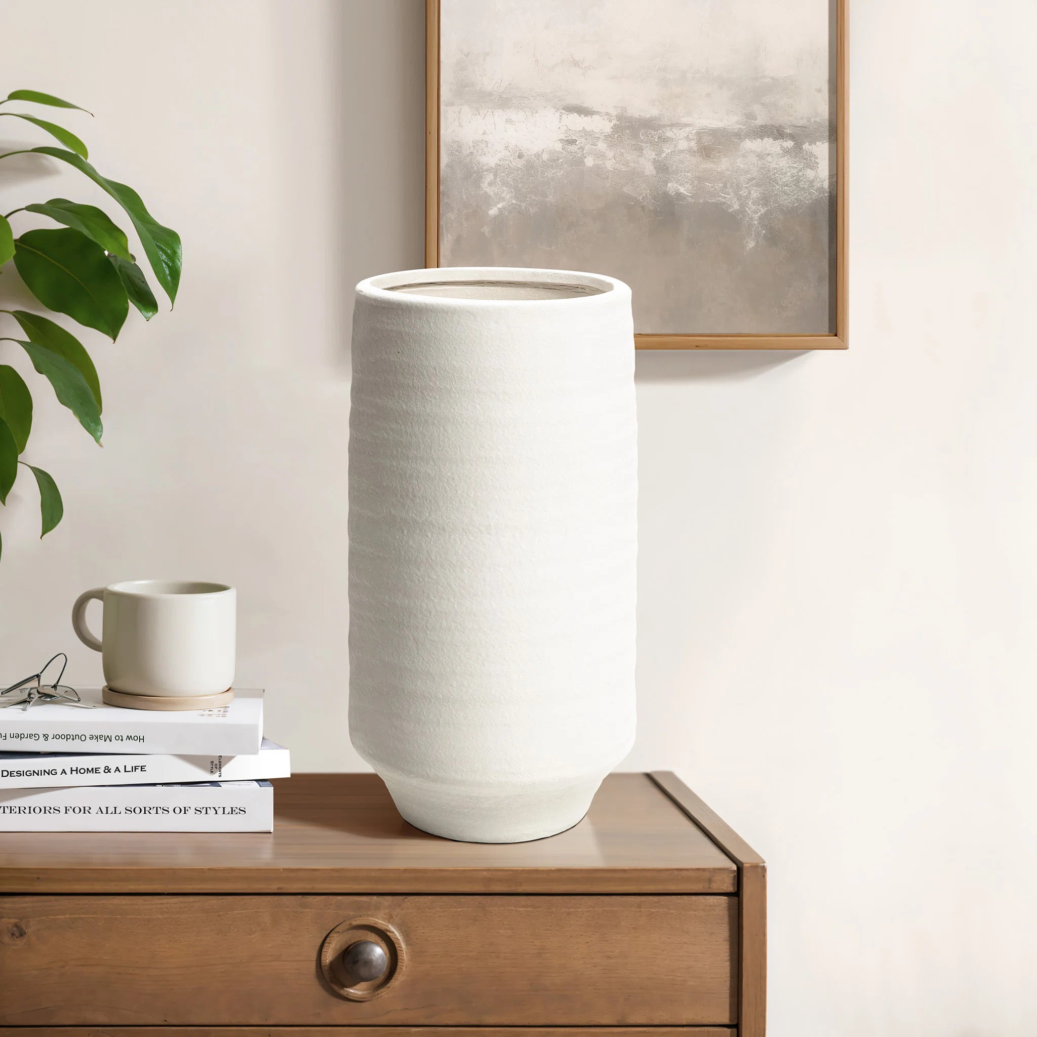 White Terracotta Indoor and Outdoor Cylinder Vase | Wayfair North America