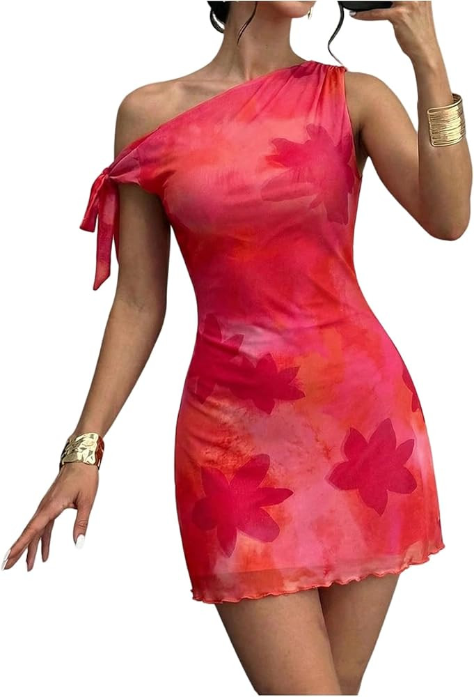 GORGLITTER Women's Asymmetrical Hem Bodycon Mini Dress Tie One Shoulder Floral Sleeveless Wedding... | Amazon (US)
