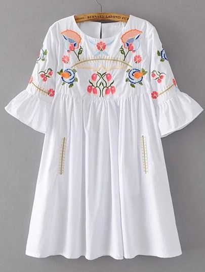 Bell Sleeve Flower Embroidery Dress | SHEIN