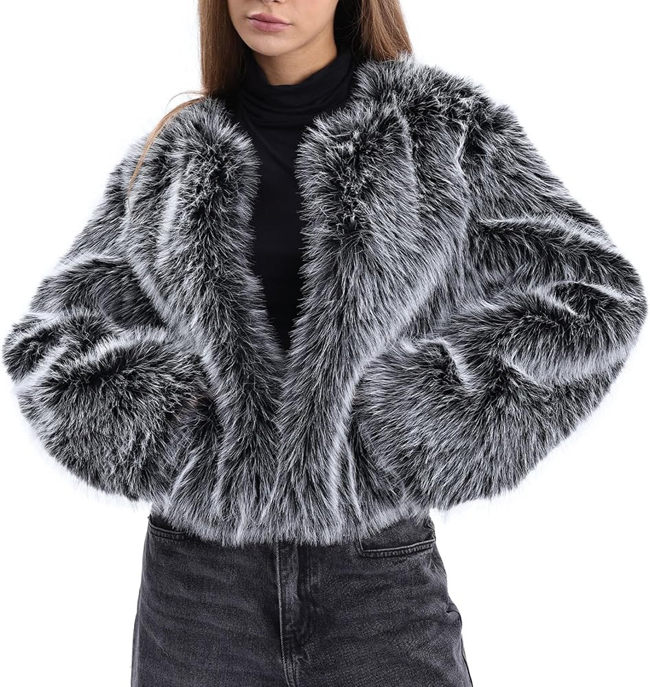 Amazhiyu Women's Faux Fur Long Sleeve Open-front Winter Cropped Coat with Pockets | Amazon (US)