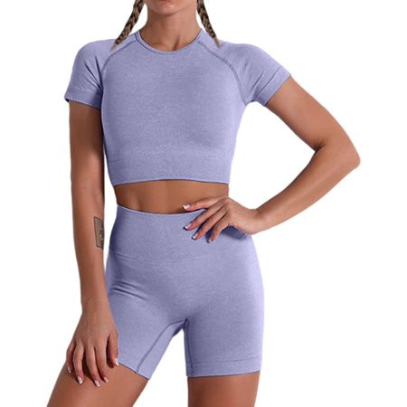 Women Seamless Yoga Workout Set 2 Piece High Waisted Outfits Sets Crop Tops Exercise Shorts Tracksui | Walmart (US)