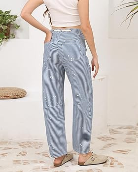 Kedera Women Striped Barrel Jeans Casual Loose Denim Jeans Wide Leg Baggy Pants Mid Waist Boyfrie... | Amazon (US)