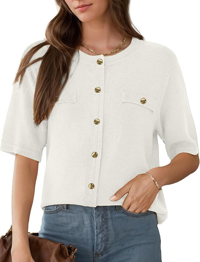 Women's Summer Button Down Shirts Casual Short Sleeve Crew Neck Ribbed Knit Blouse Open Front Wor... | Amazon (US)