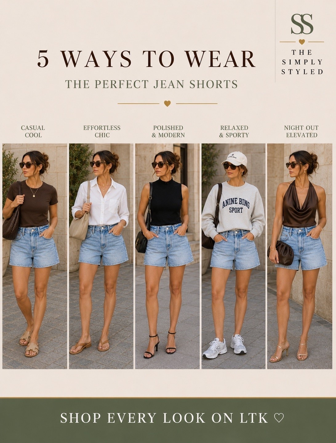 5 ways to wear the perfect jean shorts 🤎

Featuring light wash denim shorts styled for casual summer outfits, elevated everyday style, vacation outfits, weekend wear, date night looks, casual chic outfits, and effortless capsule wardrobe dressing.

✨ Brown fitted tee + woven shoulder bag
✨ White button-down shirt + neutral accessories
✨ Black sleeveless mock neck + heels
✨ Graphic sweatshirt + sneakers
✨ Satin halter top + gold heels

Perfect outfit inspiration for summer denim shorts, mom-friendly fashion, elevated casual style, neutral outfits, and timeless wardrobe staples.

Shop every look on LTK ♡

#LTKootd #LTKmomlife #LTKSaleAlert