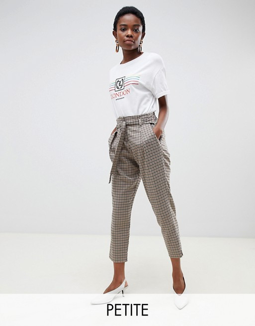 River Island Petite tapered pants with tie front in check | ASOS US