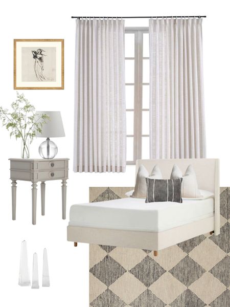 Custom amazon pinch pleat curtains, drapes, harlequin area rug, Chris loves Julia, studio McGee, Target throw pillow, threshold, farmhouse, modern, bedside table, accent table, table lamp, crystal, wall art, sketch art, obelisk, Alice lane home, wingback bed, Etsy, 

#LTKhome #LTKFind