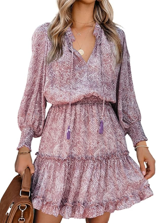 Happy Sailed Womens V Neck Ruffled Layered Chiffon Dress Self Tie Swing Mini Dresses S-XL | Amazon (US)