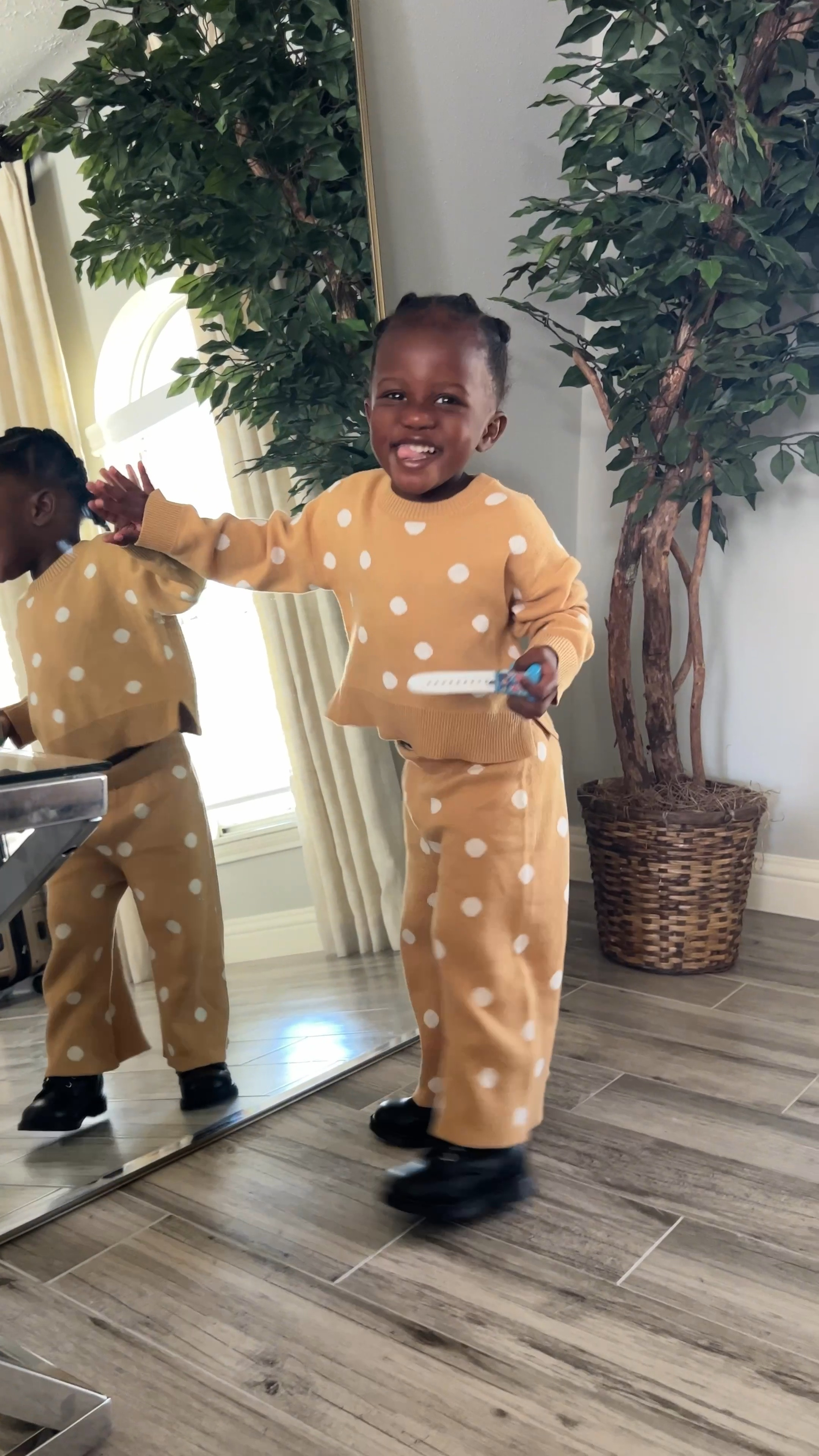 Fall toddler outfit! Jacquard tan and Polla dot two piece set with a sweater and wide leg pants with black combat boots  

#LTKbaby #LTKkids #LTKunder50