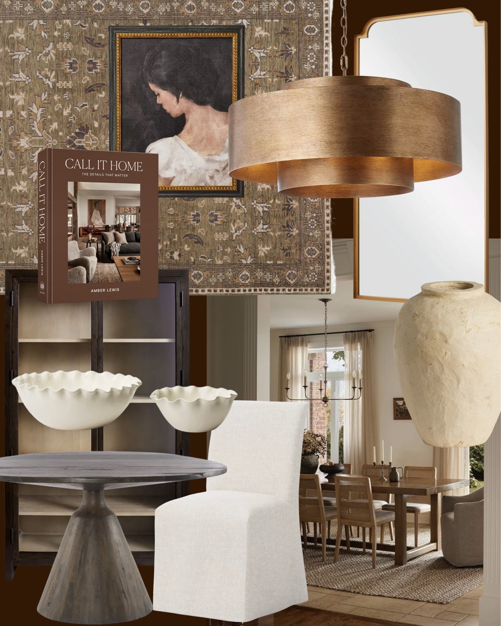 A dining room that feels rich, considered, and worth gathering in ✨ 

A dark pedestal dining table, a linen slipcovered chair, a tiered bronze drum pendant, a gilded arch mirror, a sculptural cream vessel, scalloped serving bowls, a moody portrait, and a vintage rug that anchors every layer. 

All linked here 🤍 

#LTKhome