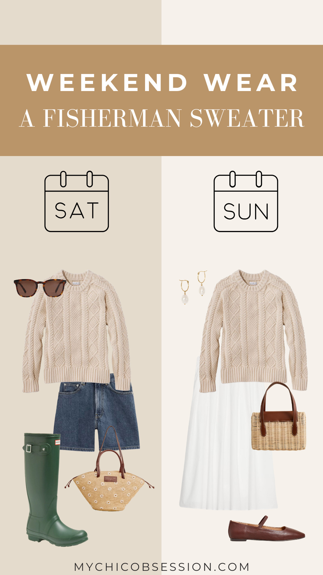 Style a fisherman sweater in two ways this weekend! On Saturday, pair it with denim shorts, tall Hunter boots, a woven tote bag and sunglasses for a trip to your local garden center. On Sunday, dress it up for brunch with a poplin white midi skirt, gold and pearl earrings, a small woven bag and Mary Jane flats from Madewell. 

 #LTKSeasonal #LTKStyleTip #LTKShoeCrush