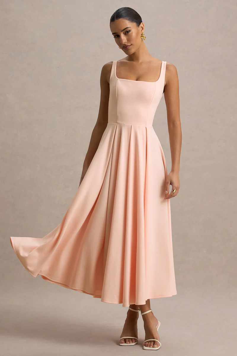 Parina | Pink Strappy Volume-Hem Midi Dress | Club L London