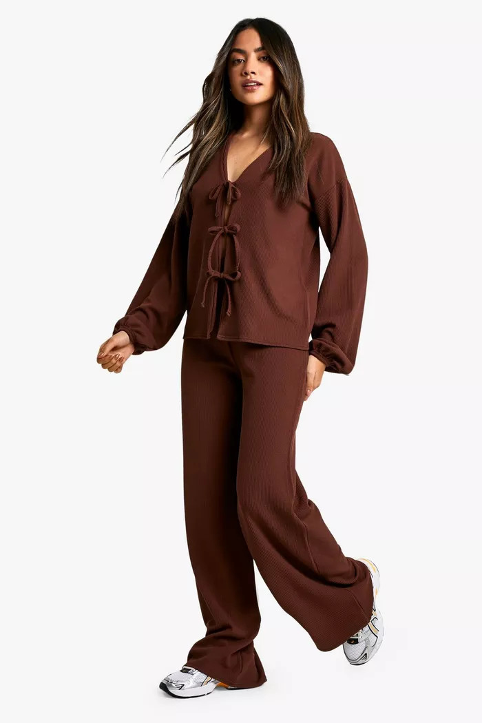 Rib Tie Front Blouse And Pants Two-Piece | boohoo (US & Canada)