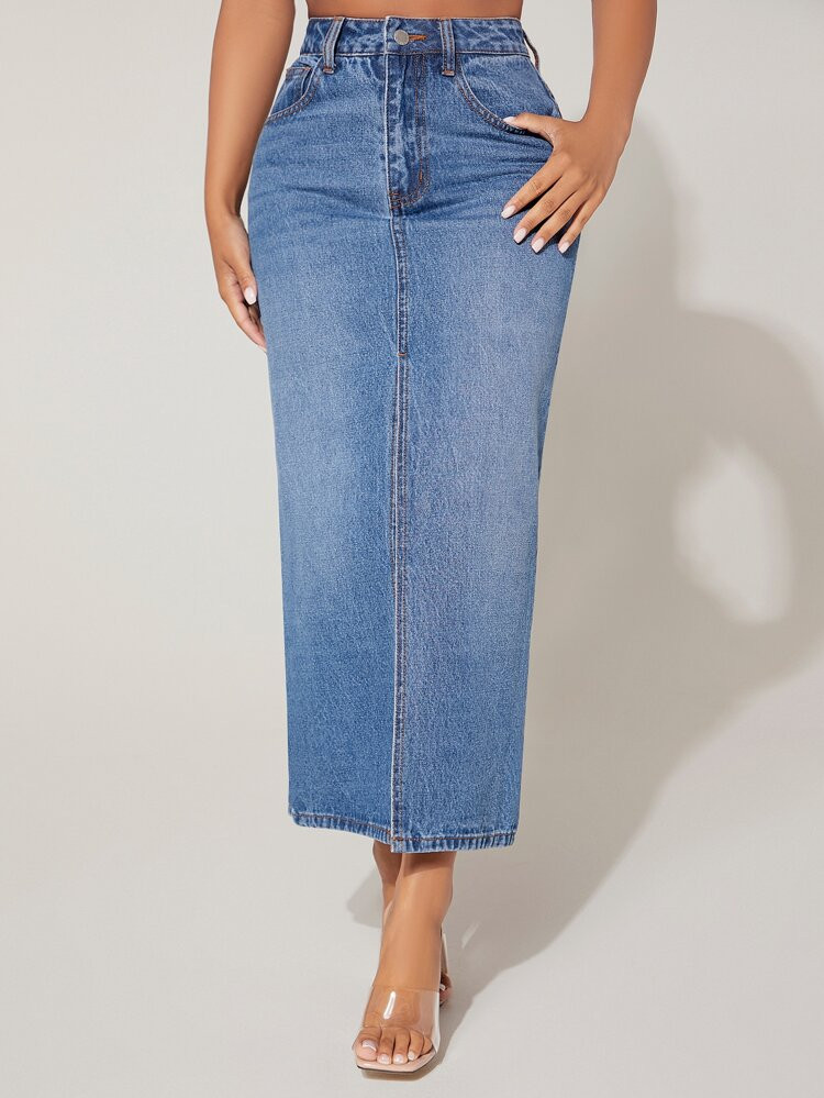 SHEIN PETITE High Waist Slant Pocket Denim Skirt | SHEIN