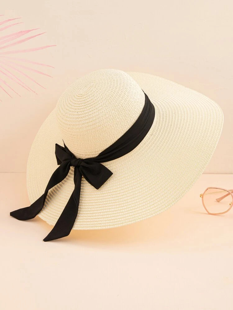 Bow Decor Wide Brim Straw Hat | SHEIN