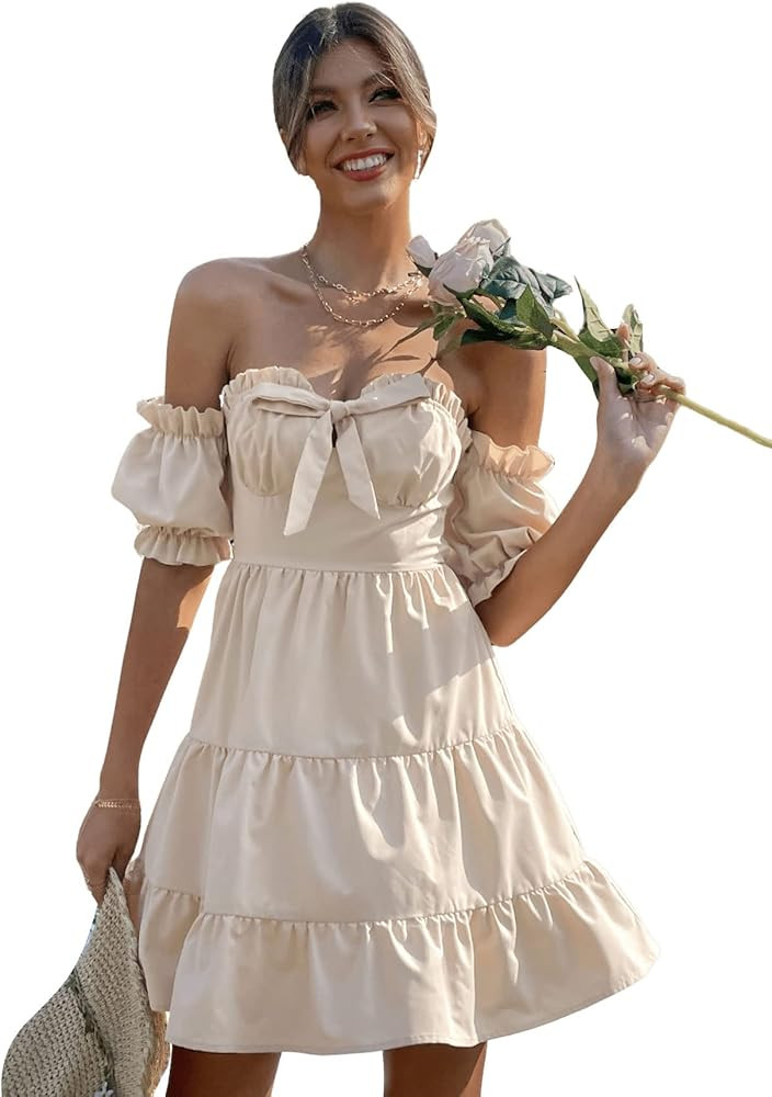 SweatyRocks Women's Short Sleeve Off Shoulder Dress Bowknot Front Ruffle Hem A Line Mini Dresses | Amazon (US)