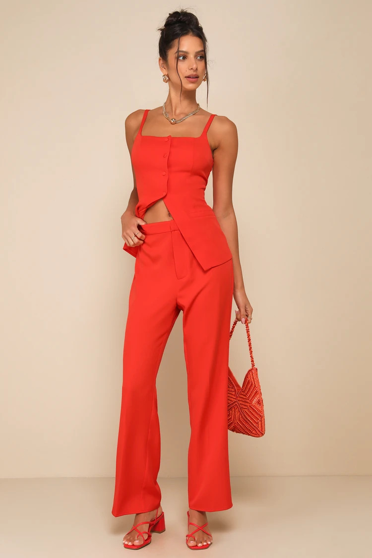 Chic Muse Bright Red High-Rise Straight-Leg Trouser Pants | Lulus