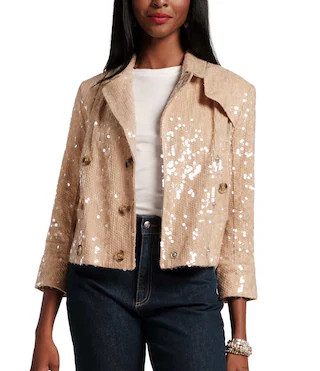 FRANCES VALENTINE Sequin Notch Collar 3/4 Sleeve Double Breasted Moto Jacket | Dillard's | Dillard's