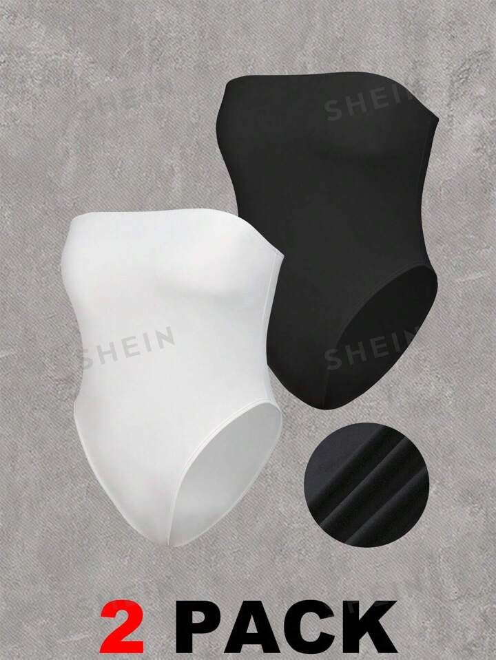SHEIN EZwear Plus Size 2pcs Solid Color Strapless Bodysuit | SHEIN