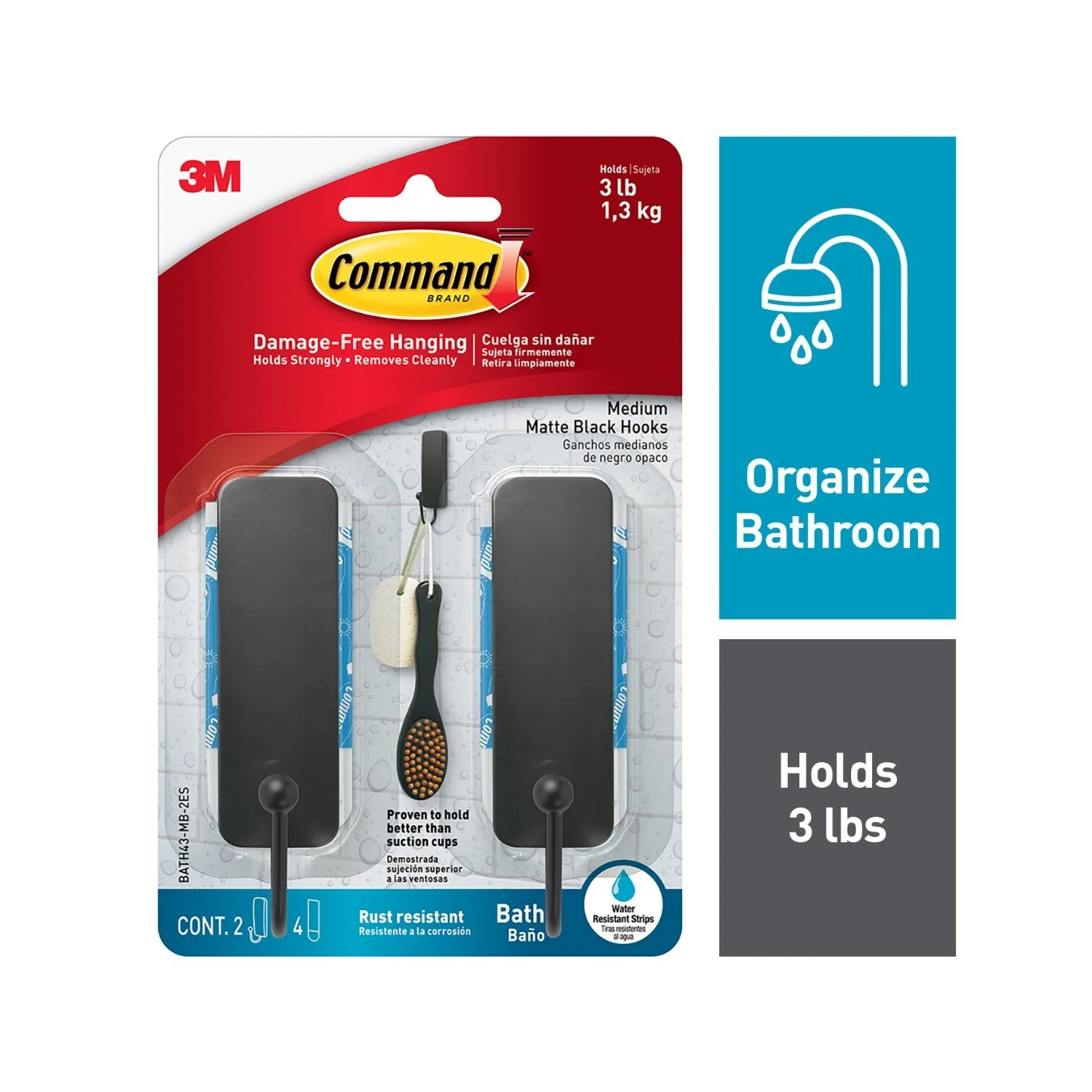 Command Bath Hook, Medium, Matte Black, 2 Hooks 4 Strips per Pack, Bathroom Organization | Walmart (US)