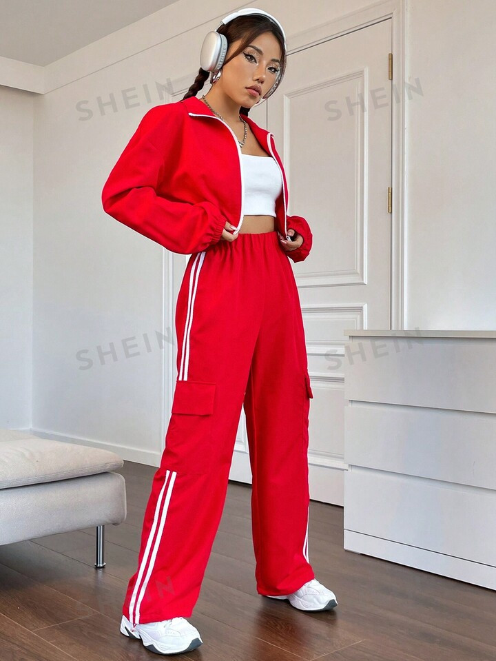 Striped Side Zip Up Jacket & Flap Pocket Pants | SHEIN