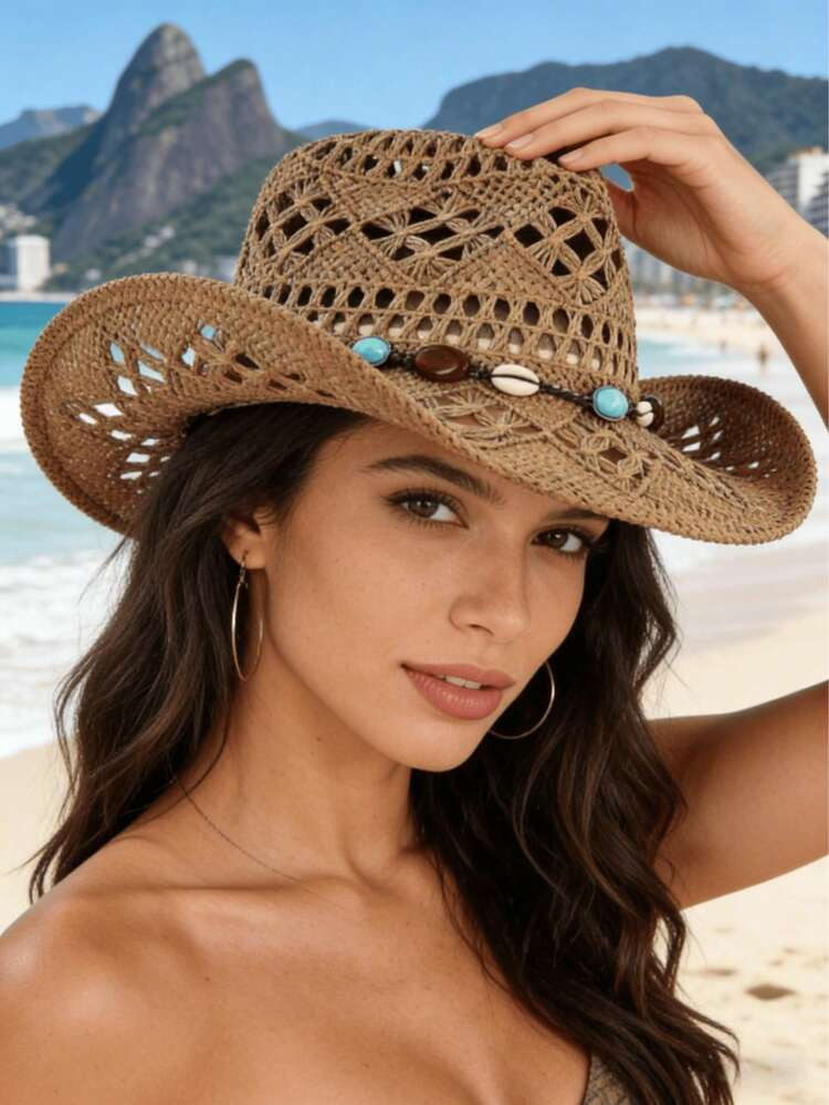 1pc Women's Outdoor Beach Western Hat, Sun-Shading Straw Hat, Bohemian Panama Hat, High-End Gentl... | SHEIN