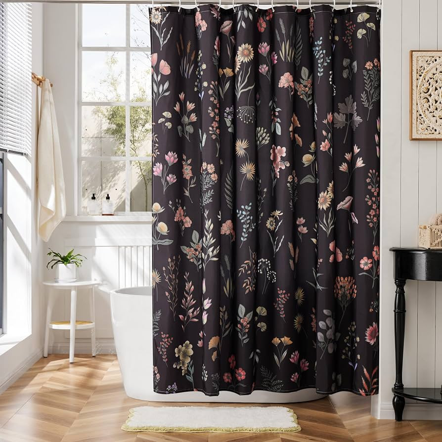 Boho Shower Curtains for Bathroom Black Cute Floral Waterproof Polyester Fabric Shower Curtain 72... | Amazon (US)
