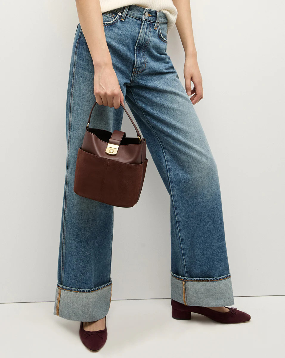 Small Crest Lock Suede Bucket Bag in Chestnut | Veronica Beard | Veronica Beard