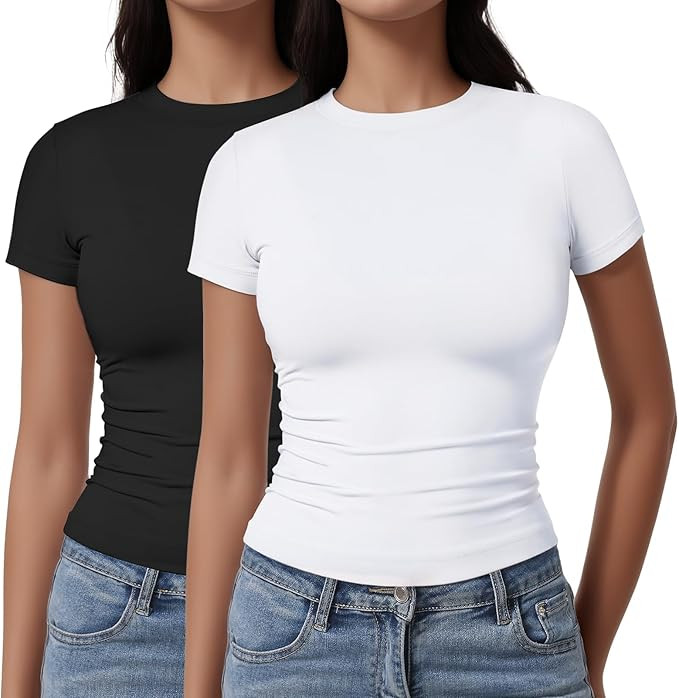 Womens Casual Basic Crop Tops Summer Autumn White Black Short Sleeve Crew Neck T Shirts Slim Fit ... | Amazon (US)