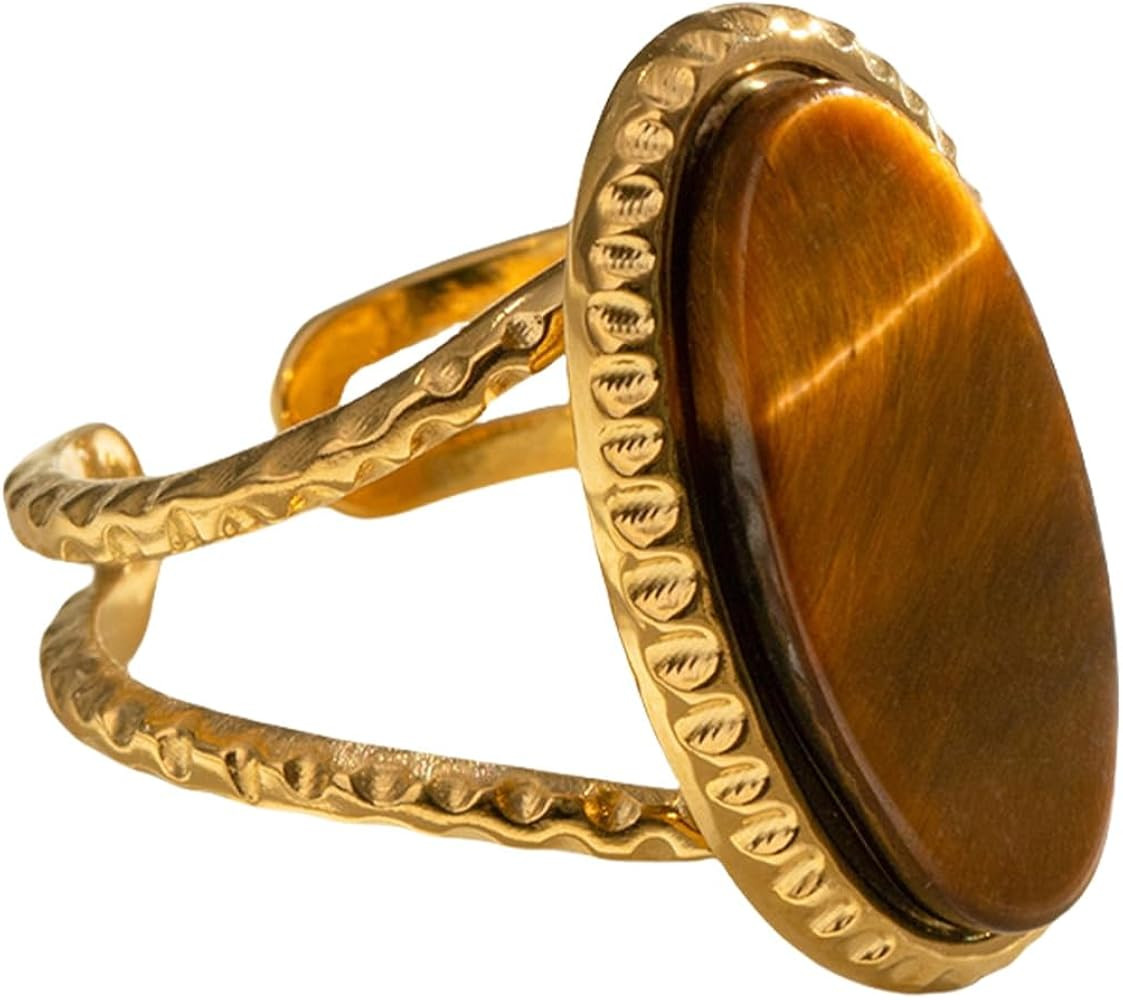 Geometric Oval Statement Ring for Women Gold-Toned Titanium Steel Retro Stone Adjustable Open Ban... | Amazon (US)