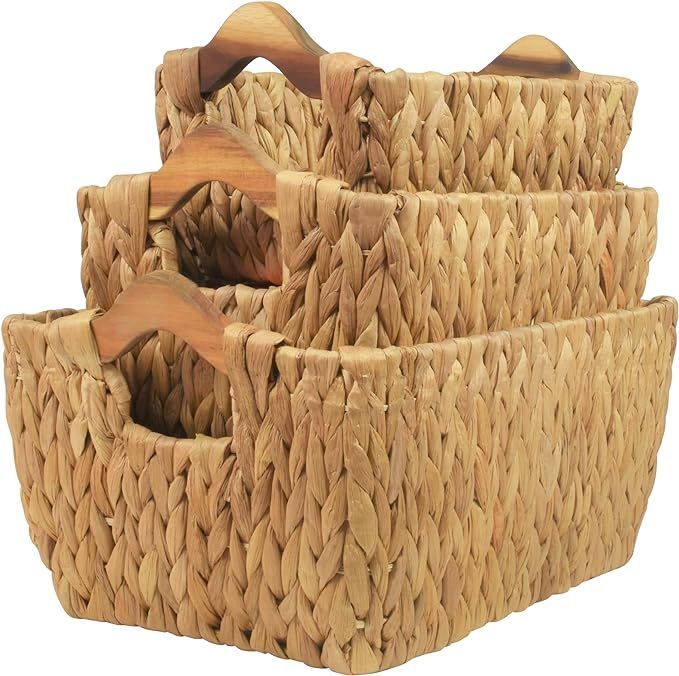 Lil Handicraft Set of 3 Wicker Baskets with Wooden Handles, Storage Baskets for Organizing, Woven... | Amazon (US)