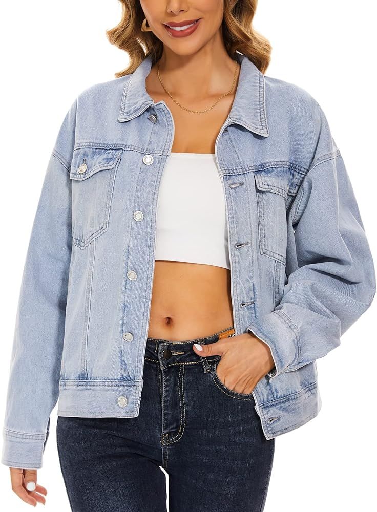Womens Denim Button Down Jackets Long Sleeve Plaid Shirts Shacket Jacket Boyfriend Distresse Jean... | Amazon (US)