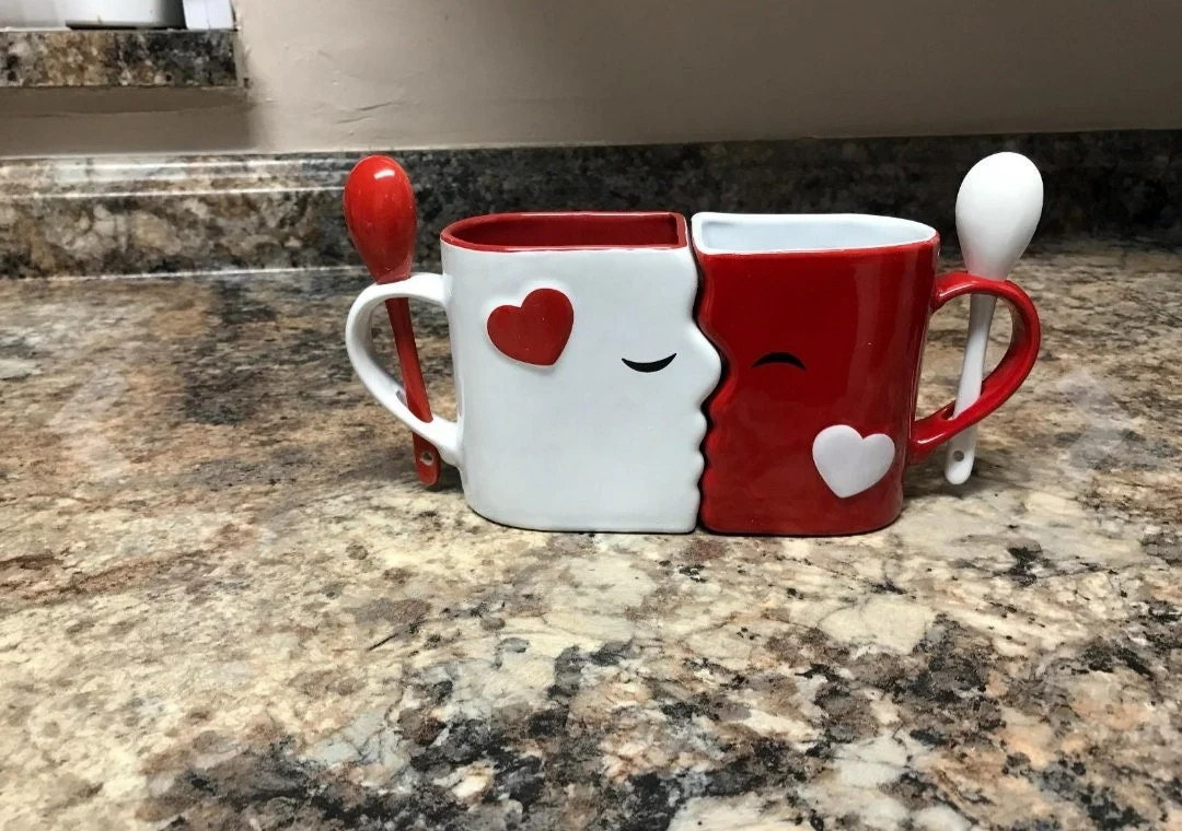 Adorable 13 oz Kissing Mug Set Red and White with Tea Spoons Anniversary, Valentine's Day, Galent... | Etsy (US)
